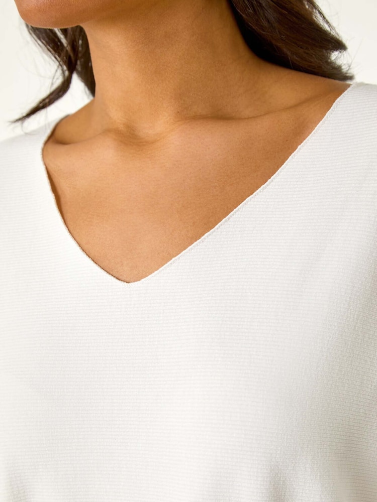 Roman White Ribbed V-Neck Stretch Top - Image 5 of 5