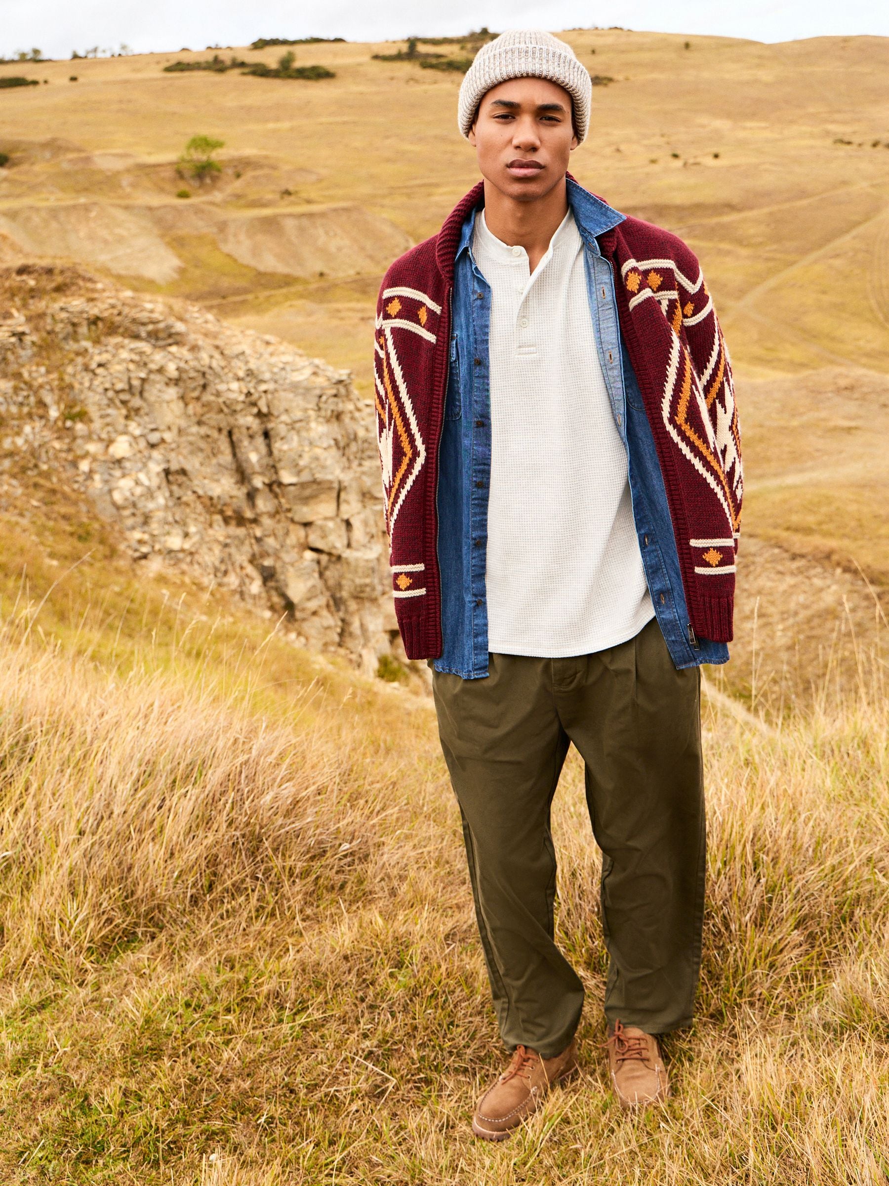 Buy Burgundy Red Relaxed Fit Fairisle Pattern Zip Through Cardigan