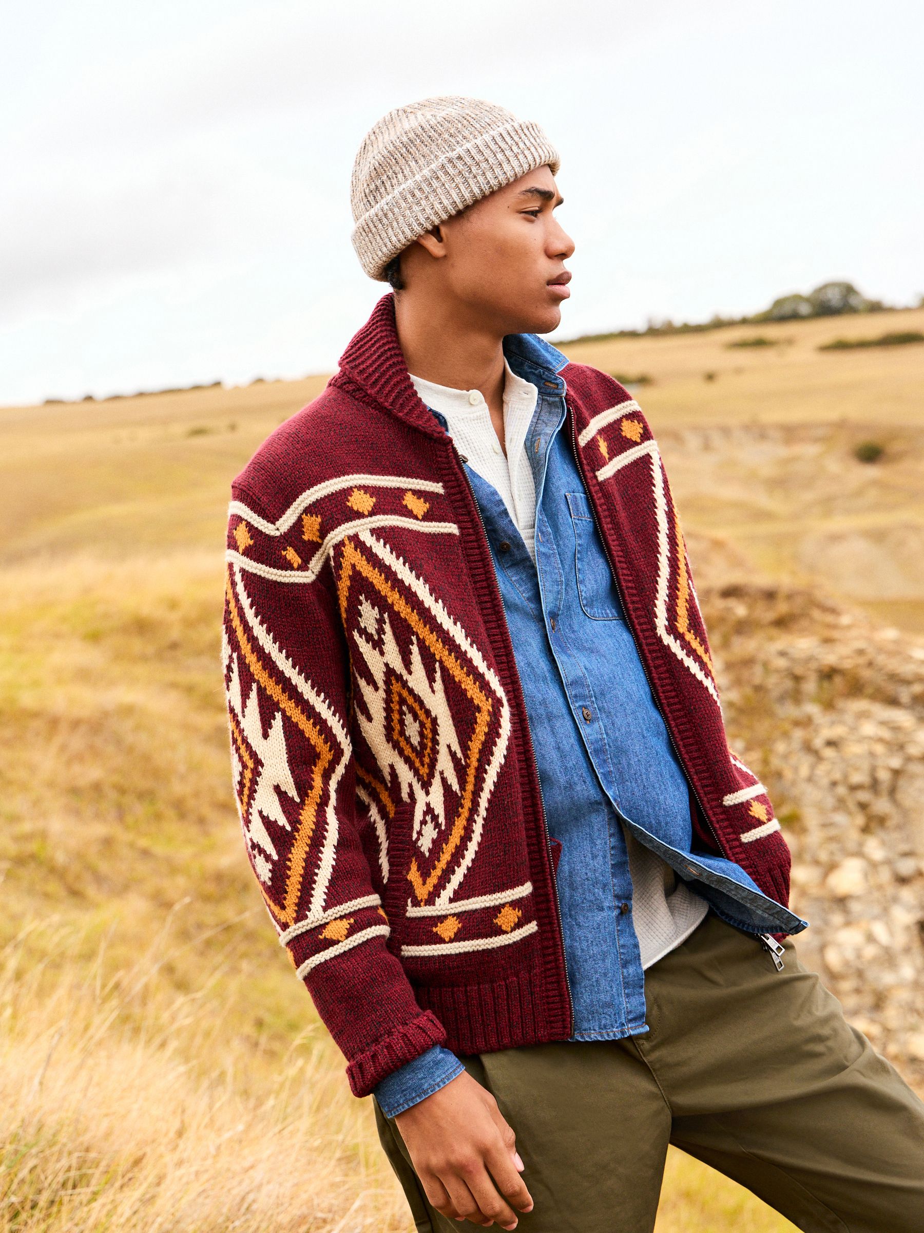 Buy Burgundy Red Relaxed Fit Fairisle Pattern Zip Through Cardigan