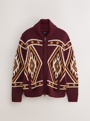 Burgundy Red Regular Fit Fairisle Pattern Zip Through Cardigan with Wool - Image 4 of 6