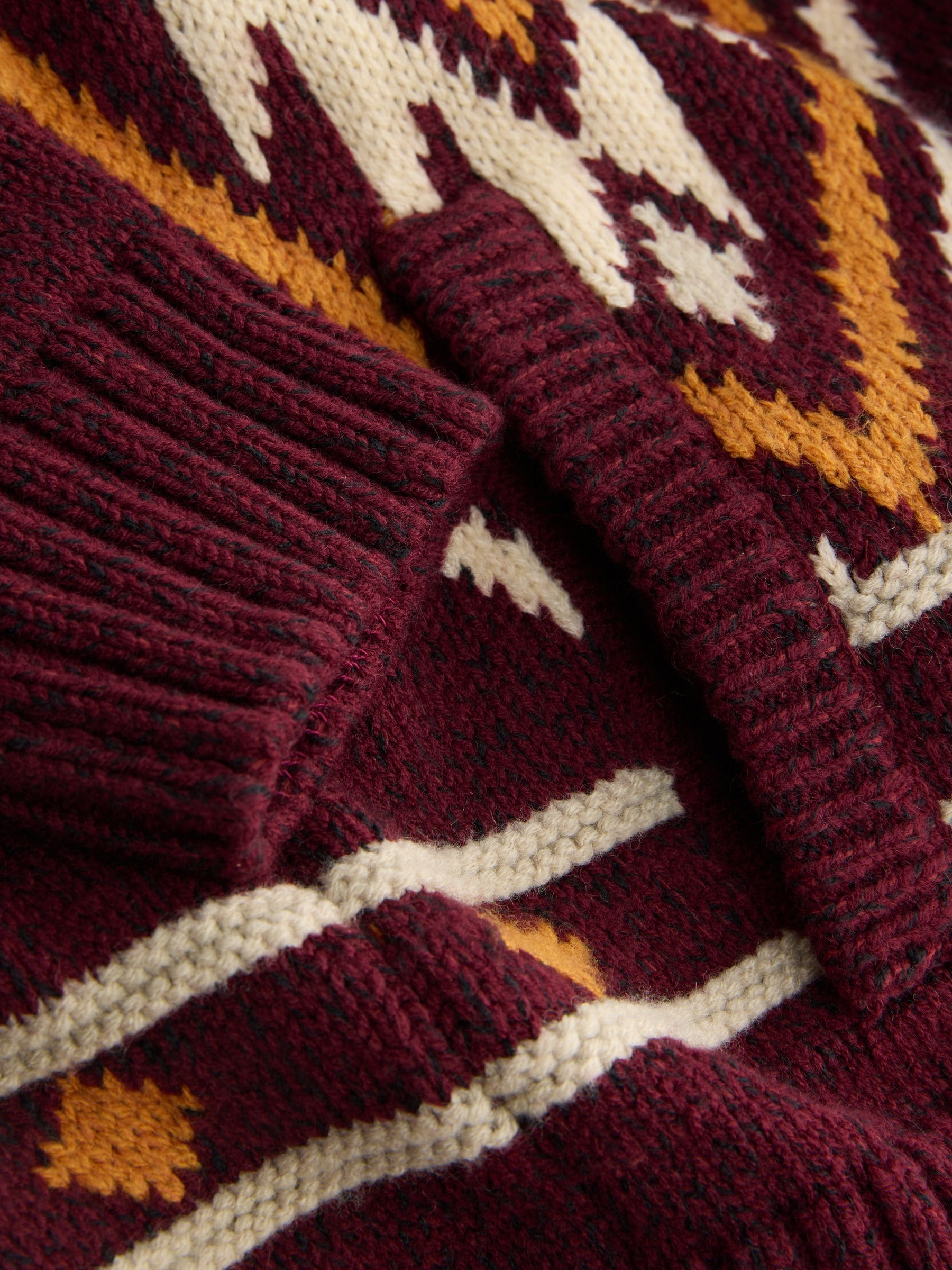 Buy Burgundy Red Relaxed Fit Fairisle Pattern Zip Through Cardigan