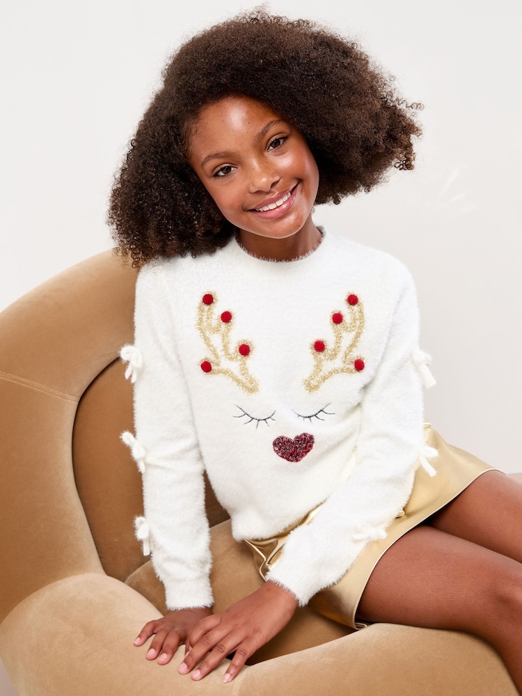 Lipsy Cream Reindeer Christmas Crew Neck Knitted Jumper (5-16yrs) - Image 1 of 4 Lipsy Cream Reindeer Christmas Crew Neck Knitted Jumper (5-16yrs) - Image 1 of 4