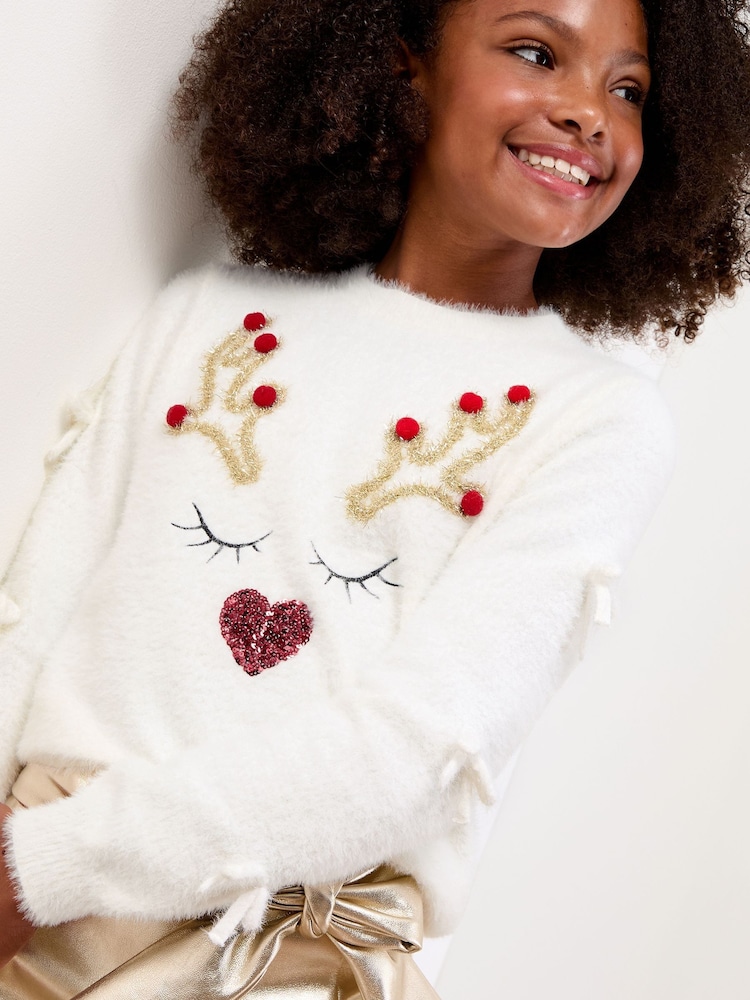 Lipsy Cream Reindeer Christmas Crew Neck Knitted Jumper (5-16yrs) - Image 2 of 4