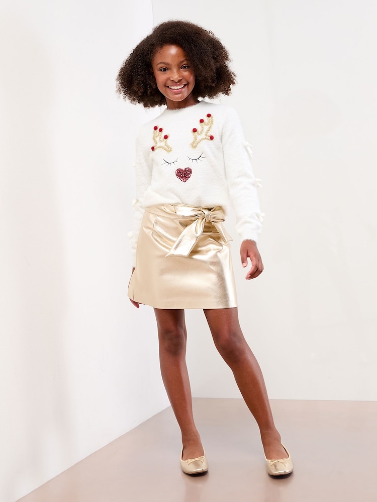 Lipsy Cream Reindeer Christmas Crew Neck Knitted Jumper (5-16yrs) - Image 4 of 4 Lipsy Cream Reindeer Christmas Crew Neck Knitted Jumper (5-16yrs) - Image 4 of 4