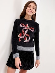 Lipsy Black Robin Bow Christmas Crew Neck Knitted Jumper (5-16yrs) - Image 1 of 5