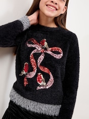 Lipsy Black Robin Bow Christmas Crew Neck Knitted Jumper (5-16yrs) - Image 4 of 5