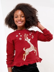 Lipsy Red Reindeer Christmas Crew Neck Sweatshirt (5-16yrs) - Image 1 of 4