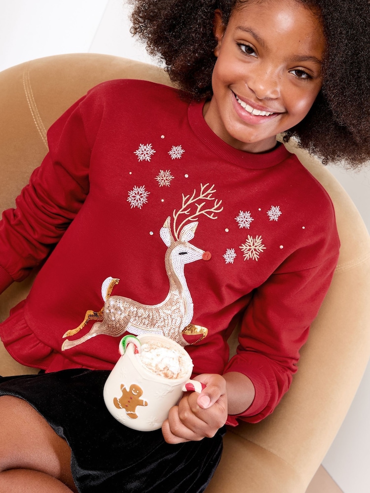 Lipsy Red Reindeer Christmas Crew Neck Sweatshirt (5-16yrs) - Image 2 of 4