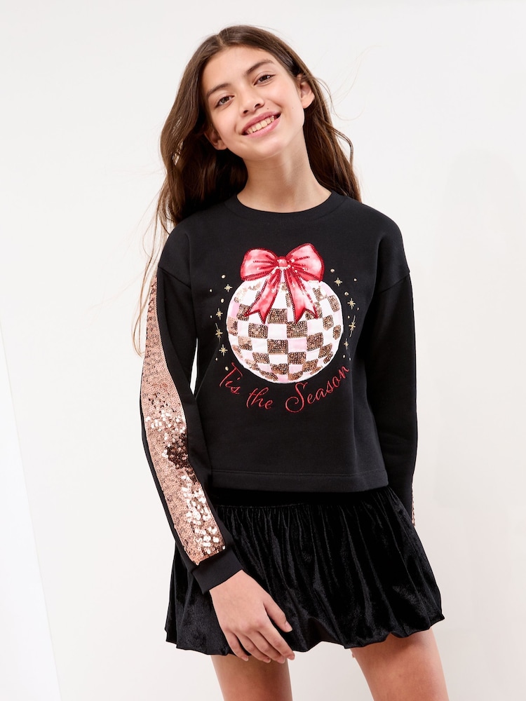 Lipsy Black Sparkle Season Christmas Crew Neck Sweatshirt (5-16yrs) - Image 1 of 4
