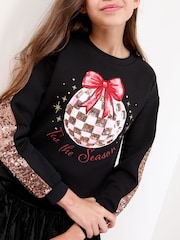 Lipsy Black Sparkle Season Christmas Crew Neck Sweatshirt (5-16yrs) - Image 2 of 4
