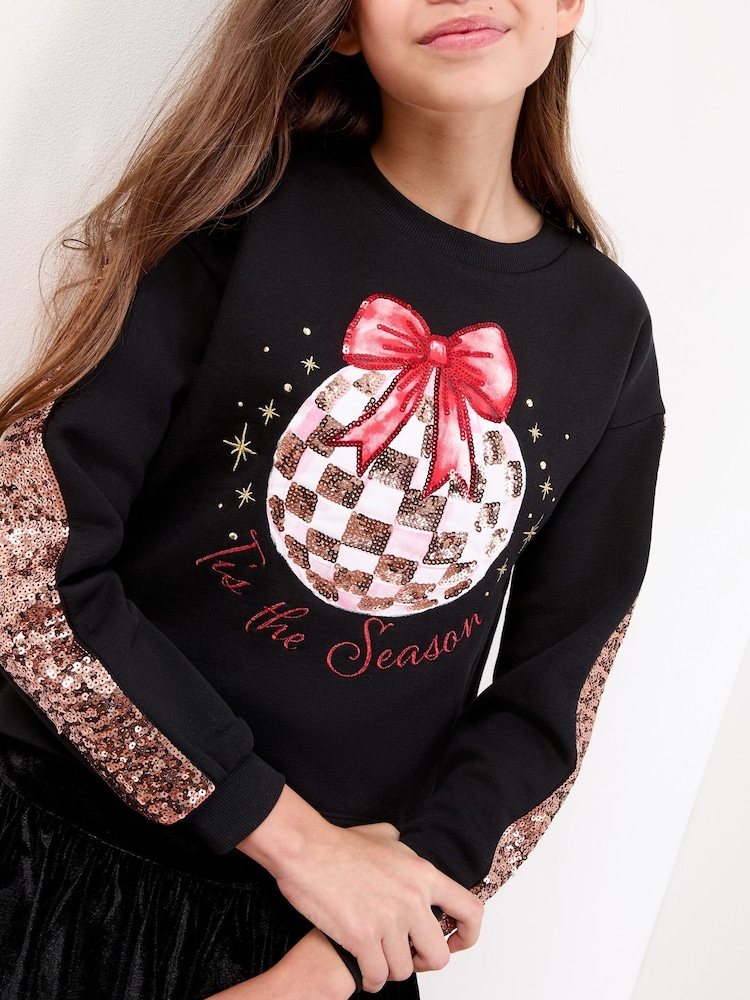 Lipsy Black Sparkle Season Christmas Crew Neck Sweatshirt (5-16yrs) - Image 2 of 4