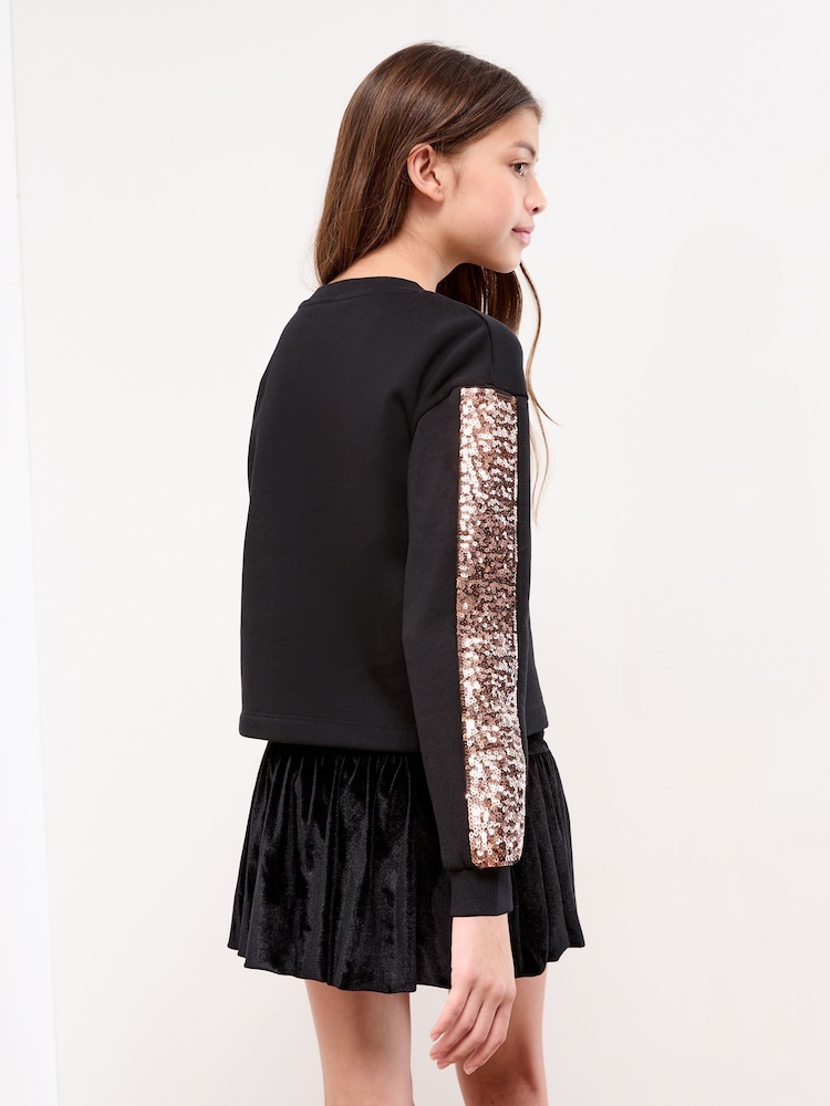Lipsy Black Sparkle Season Christmas Crew Neck Sweatshirt (5-16yrs) - Image 4 of 4