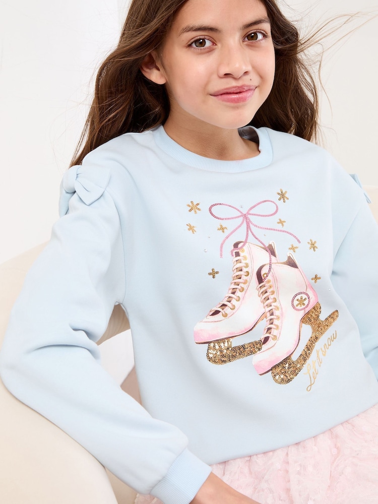 Lipsy Blue Ice Skate Christmas Crew Neck Sweatshirt (5-16yrs) - Image 1 of 4