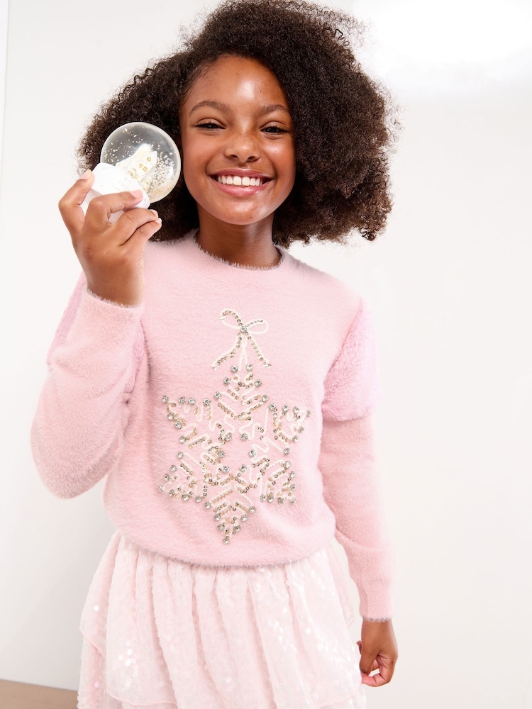 Lipsy Pink Snowflake Christmas Crew Neck Knitted Jumper (5-16yrs) - Image 1 of 4 Lipsy Pink Snowflake Christmas Crew Neck Knitted Jumper (5-16yrs) - Image 1 of 4