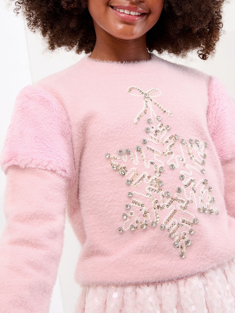 Lipsy Pink Snowflake Christmas Crew Neck Knitted Jumper (5-16yrs) - Image 2 of 4 Lipsy Pink Snowflake Christmas Crew Neck Knitted Jumper (5-16yrs) - Image 2 of 4