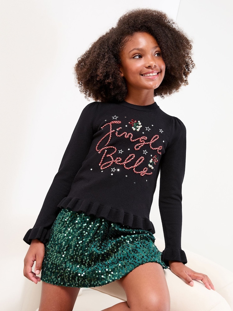 Lipsy Black Jingle Bells Christmas Crew Neck Knitted Jumper (5-16yrs) - Image 1 of 4 Lipsy Black Jingle Bells Christmas Crew Neck Knitted Jumper (5-16yrs) - Image 1 of 4
