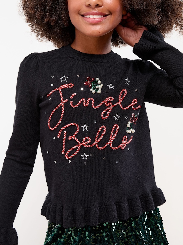 Lipsy Black Jingle Bells Christmas Crew Neck Knitted Jumper (5-16yrs) - Image 2 of 4 Lipsy Black Jingle Bells Christmas Crew Neck Knitted Jumper (5-16yrs) - Image 2 of 4