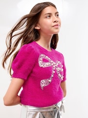 Lipsy Pink Bow Christmas Short Sleeve Crew Neck Knitted Top (5-16yrs) - Image 2 of 5