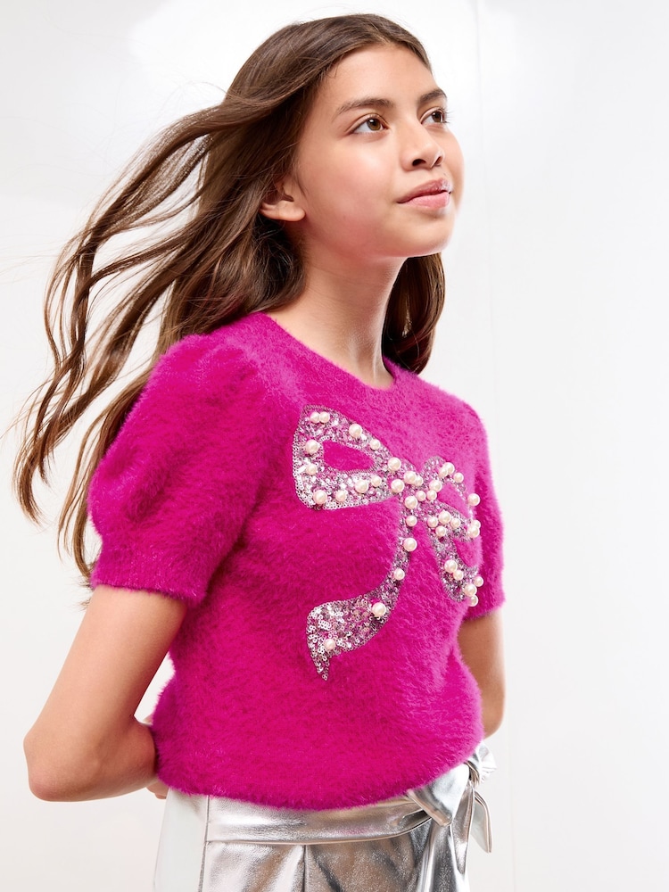Lipsy Pink Bow Christmas Short Sleeve Crew Neck Knitted Top (5-16yrs) - Image 2 of 5
