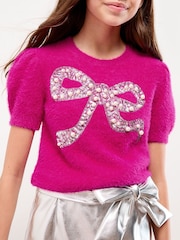 Lipsy Pink Bow Christmas Short Sleeve Crew Neck Knitted Top (5-16yrs) - Image 3 of 5