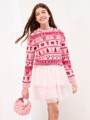 Lipsy Pink Fairisle Merry Christmas Crew Neck Knitted Jumper (5-16yrs) - Image 1 of 4