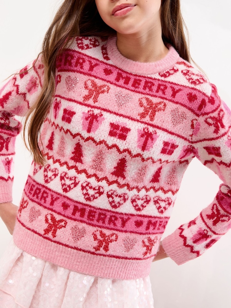 Lipsy Pink Fairisle Merry Christmas Crew Neck Knitted Jumper (5-16yrs) - Image 2 of 4