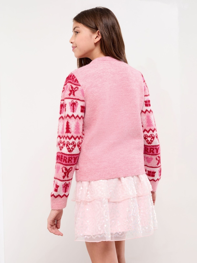Lipsy Pink Fairisle Merry Christmas Crew Neck Knitted Jumper (5-16yrs) - Image 4 of 4