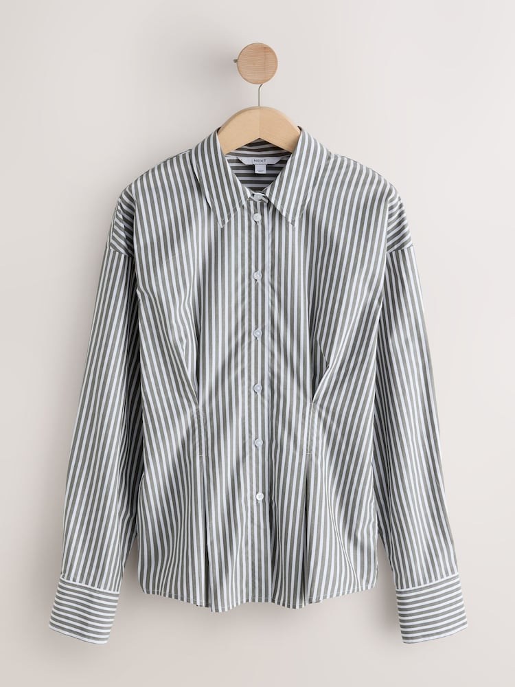 Sage Green/White Stripe Cinched Shirt - Image 1 of 8 Sage Green/White Stripe Cinched Shirt - Image 1 of 8
