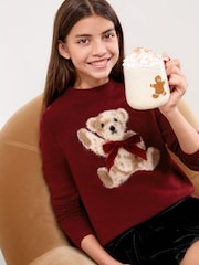 Lipsy Burgundy Red Bear Christmas Crew Neck Knitted Jumper (5-16yrs) - Image 1 of 5