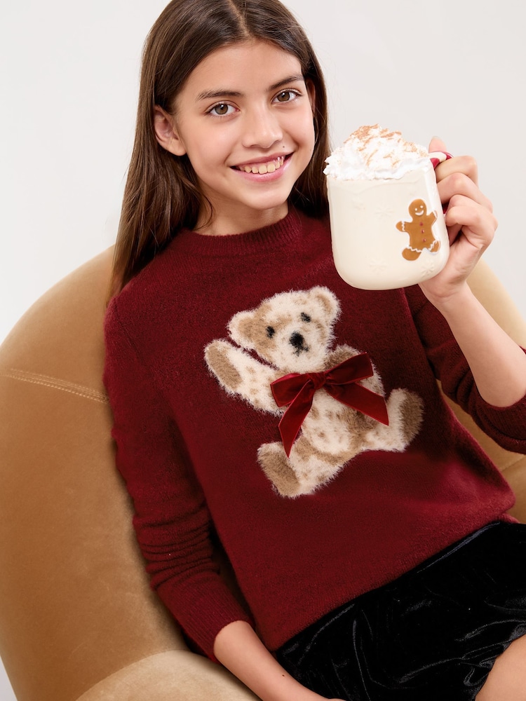 Lipsy Burgundy Red Bear Christmas Crew Neck Knitted Jumper (5-16yrs) - Image 1 of 5