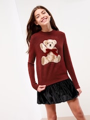 Lipsy Burgundy Red Bear Christmas Crew Neck Knitted Jumper (5-16yrs) - Image 3 of 5