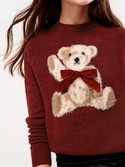 Lipsy Burgundy Red Bear Christmas Crew Neck Knitted Jumper (5-16yrs) - Image 4 of 5