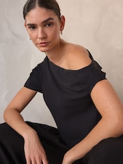 Black Asymmetric Drape Short Sleeve Top - Image 1 of 8