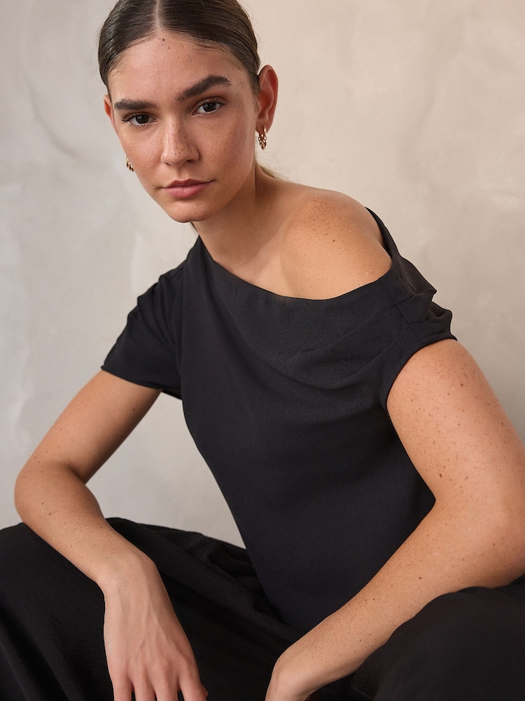 Black Asymmetric Drape Short Sleeve Top - Image 1 of 8