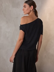 Black Asymmetric Drape Short Sleeve Top - Image 4 of 8