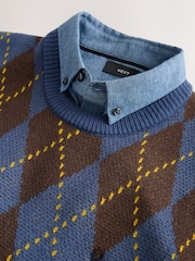 Blue/Brown Argyle - Pullover in normaler Passform mit Stehkragen - Bild 7 von 7