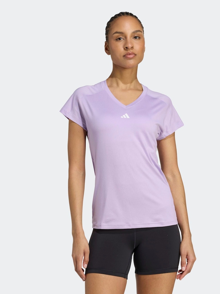 adidas Purple Aeroready Train Essentials Minimal Branding V-Neck T-Shirt - Image 1 of 6 adidas Purple Aeroready Train Essentials Minimal Branding V-Neck T-Shirt - Image 1 of 6