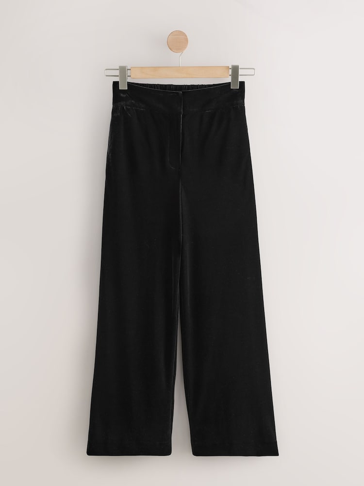 Black Velvet Elastic Back Wide Leg Trousers - Image 1 of 3 Black Velvet Elastic Back Wide Leg Trousers - Image 1 of 3