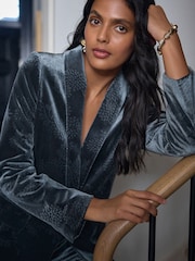 Navy Embossed Velvet Single Breasted Blazer - Image 4 of 8