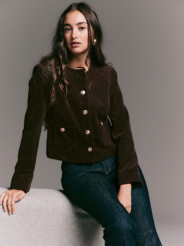 Chocolate Brown Cord Collarless Jacket - Image 1 of 7 Chocolate Brown Cord Collarless Jacket - Image 1 of 7