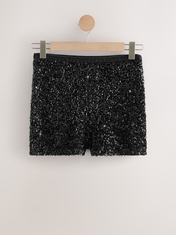 Black Velvet Sequin Embellished Shorts - Image 1 of 4