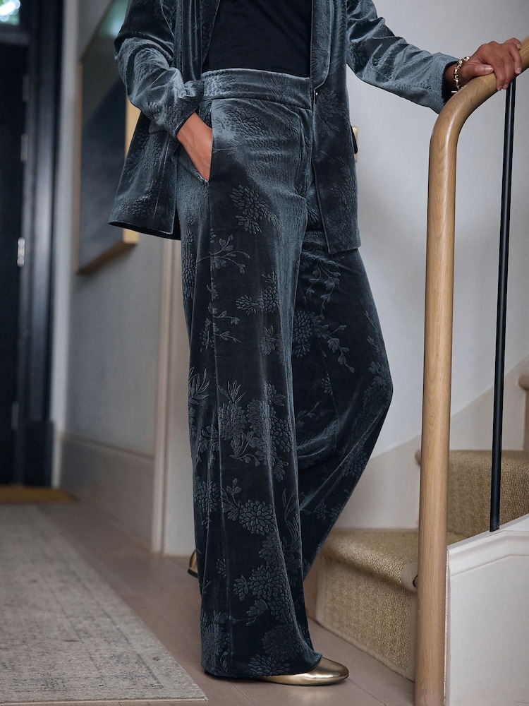 Navy Embossed Velvet Wide Leg Trousers - Image 2 of 9