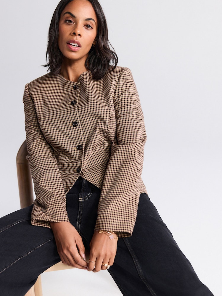 Brown Mini Check V-Neck Blazer - Image 1 of 7