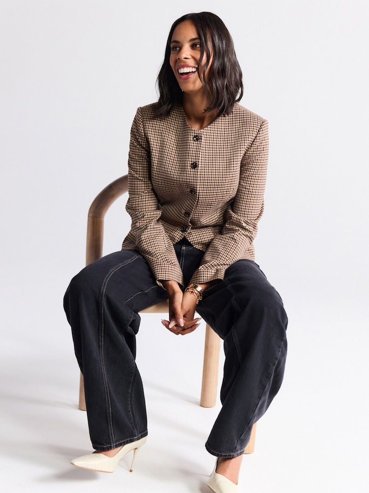 Brown Mini Check V-Neck Blazer - Image 2 of 7