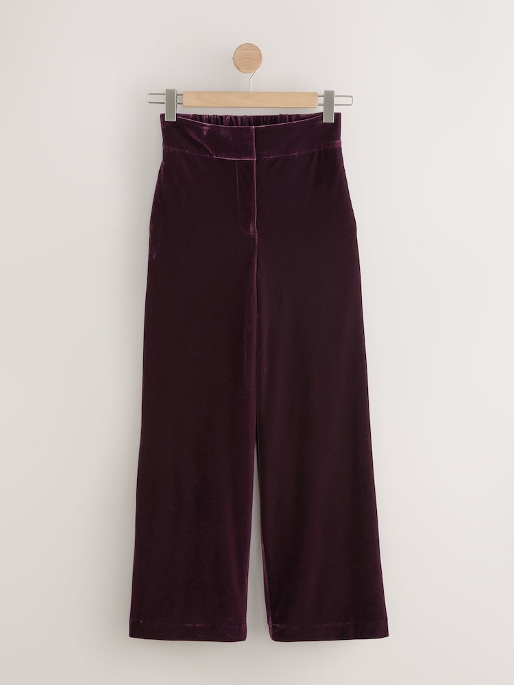 Berry Red Velvet Elastic Back Wide Leg Trousers - Image 1 of 3 Berry Red Velvet Elastic Back Wide Leg Trousers - Image 1 of 3