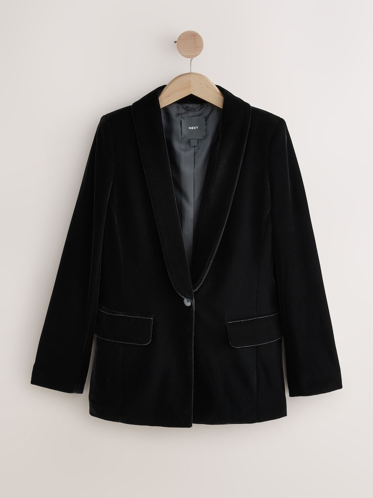Black Velvet Single Breasted Blazer - Image 1 of 3 Black Velvet Single Breasted Blazer - Image 1 of 3