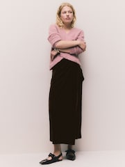 Chocolate Brown Matte Velvet Drape Midi Skirt - Image 1 of 4