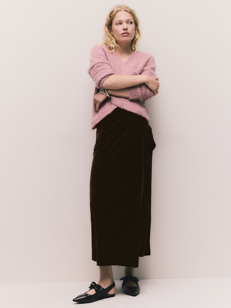 Chocolate Brown Matte Velvet Drape Midi Skirt - Image 1 of 4 Chocolate Brown Matte Velvet Drape Midi Skirt - Image 1 of 4