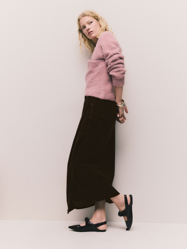 Chocolate Brown Matte Velvet Drape Midi Skirt - Image 2 of 4 Chocolate Brown Matte Velvet Drape Midi Skirt - Image 2 of 4