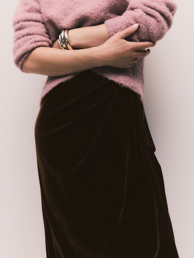Chocolate Brown Matte Velvet Drape Midi Skirt - Image 4 of 4